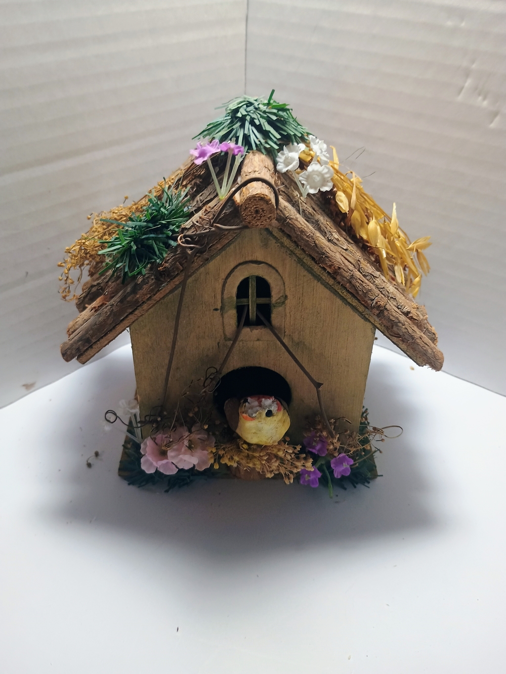 Rustic Yellow Decorative Birdhouse with Floral Accents